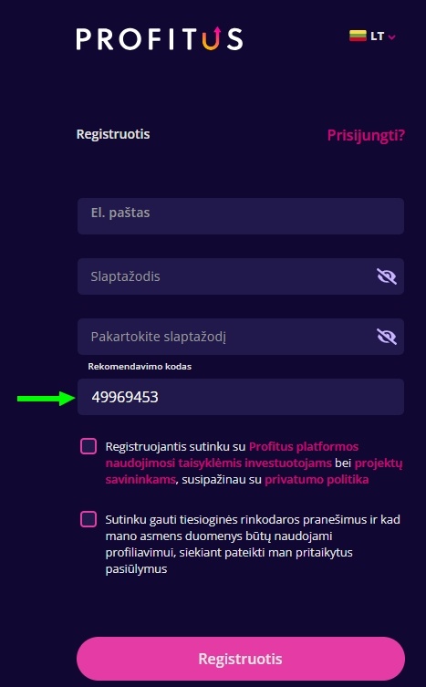 Profitus Registracijos Instrukcija Rekomendavimo Kodas 49969453